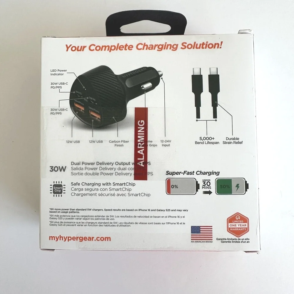 HyperGear SpeedBoost 77W Quad-Port Car Charger Kit 2x USB-C 2x USB 4ft Cable Blk